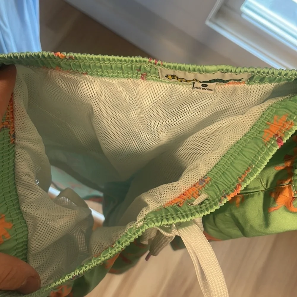 TIPSY ELVES SWIM TRUNKS DINOSAUR MENS GREEN ORANGE, Size Large